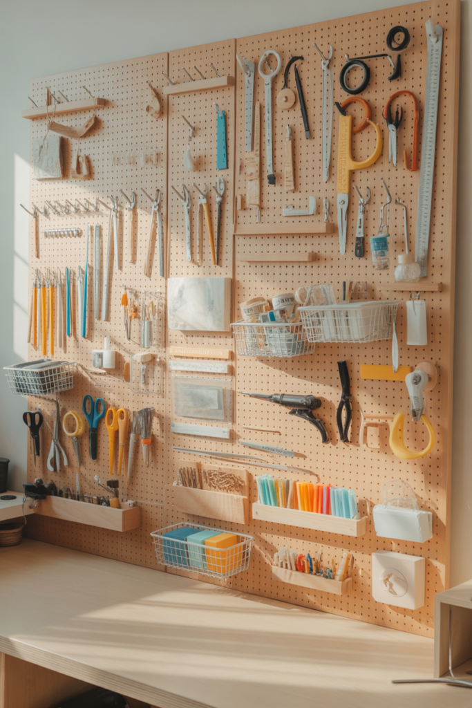 6. Pegboards That Hold Tools Up and Off the Desk