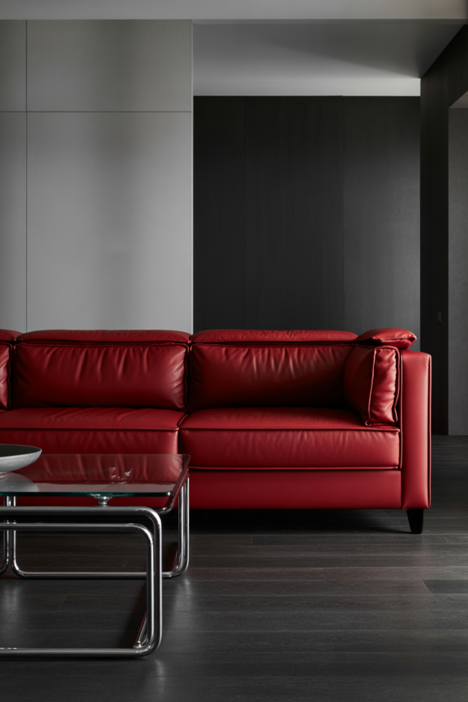 6. Red Leather Sofa in a Grey and Black Room