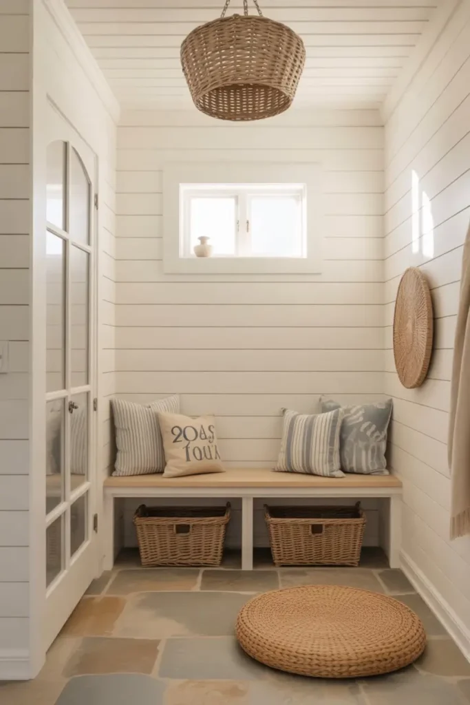 6. Shiplap Walls with Stone Floors for Coastal Charm