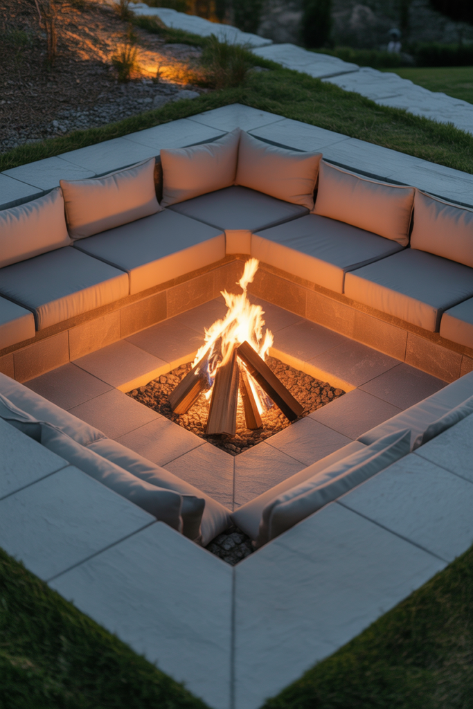 7. A Square Patio With a Sunken Fire Pit for a Cozy Hideaway