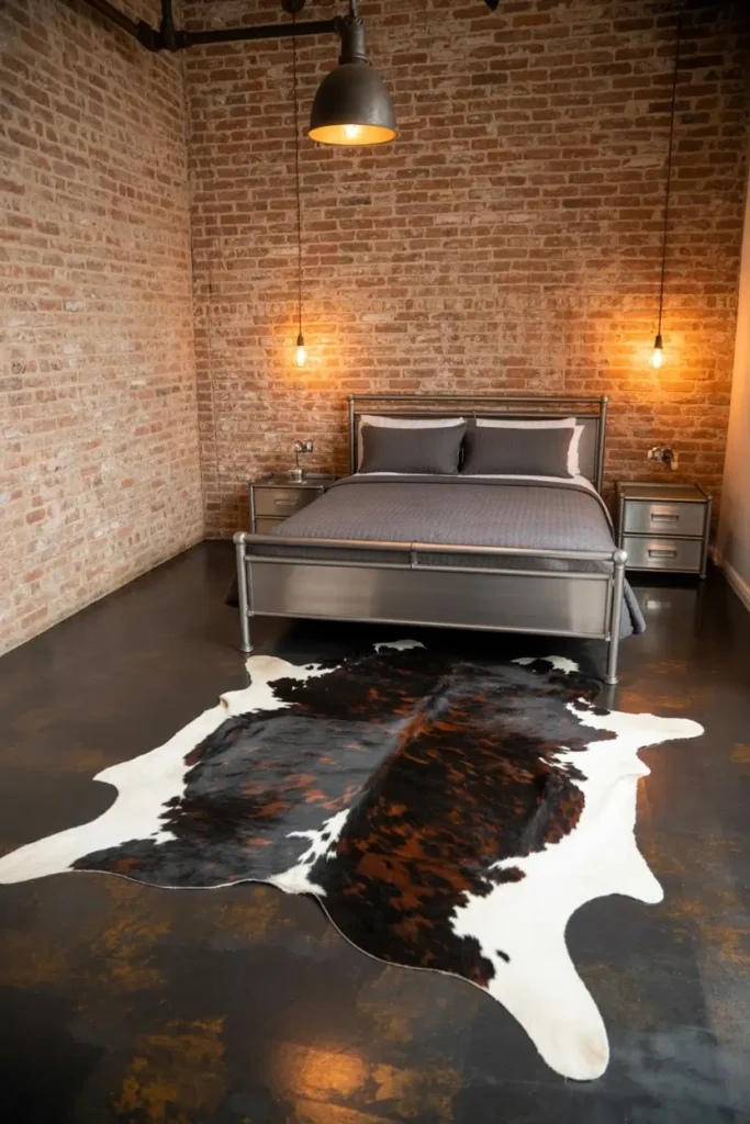 7. Industrial Loft Bedroom with Black and White Cowhide