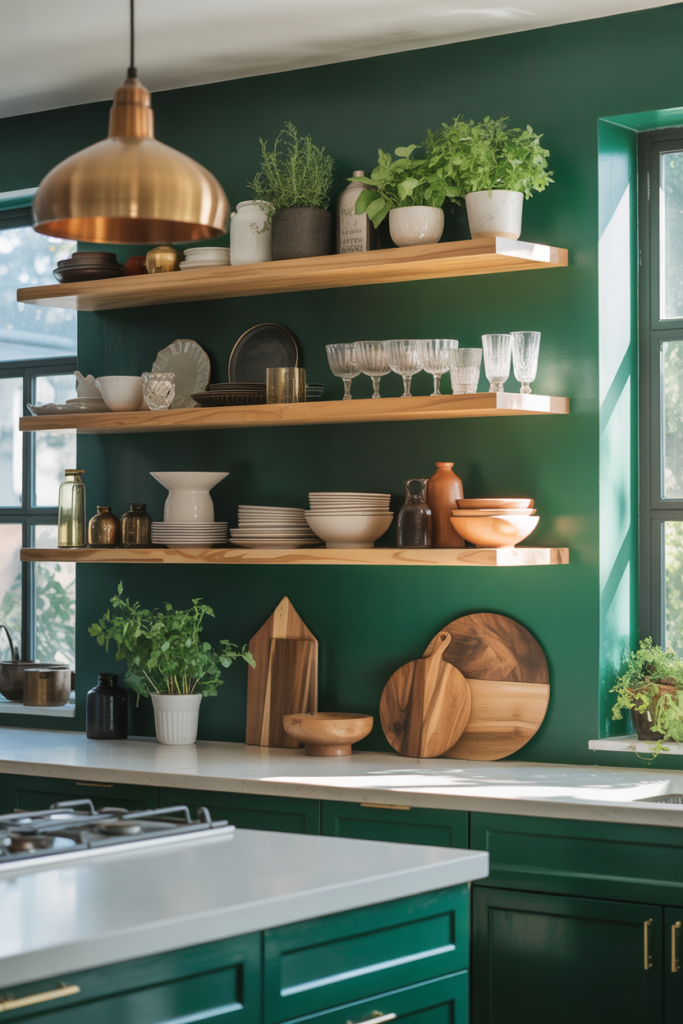 7. Open Shelving with Emerald Walls