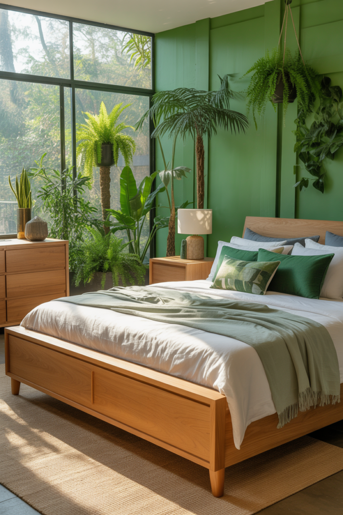 7. Tropical Green and Light Wood Design