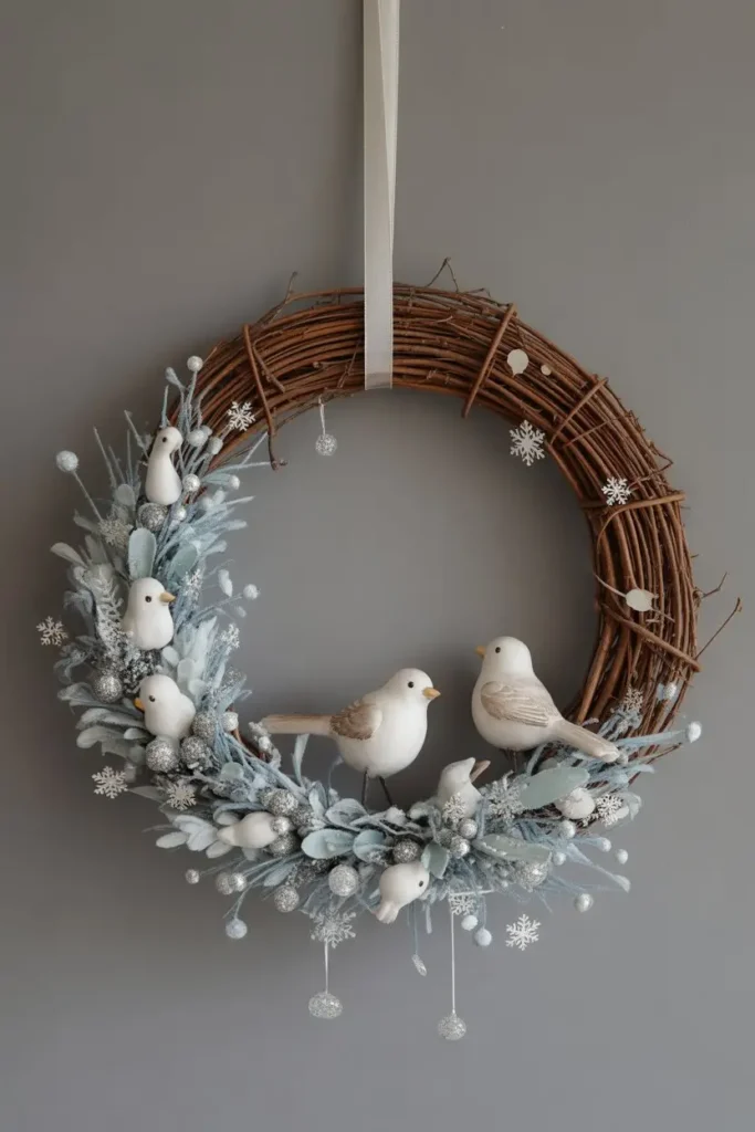 7. Whimsical Grapevine Wreath with Snowflakes