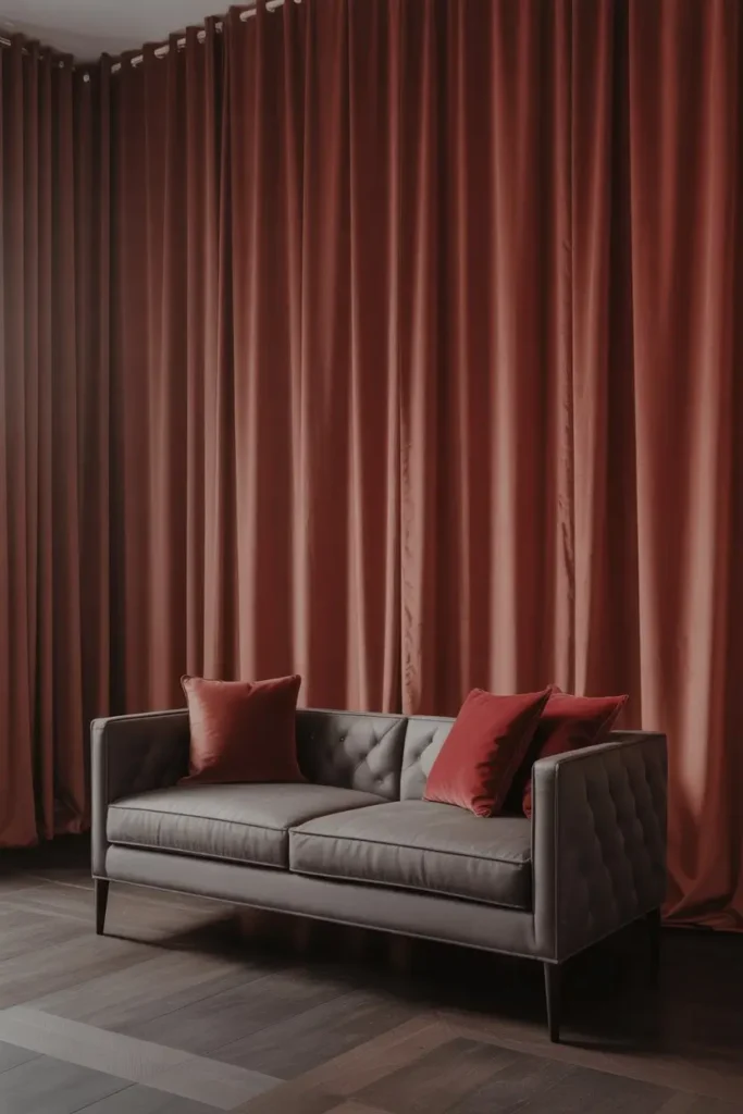 8. Elegant Monochrome with Red Velvet Curtains