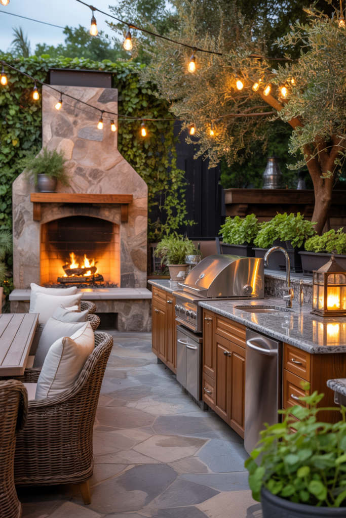 8. Outdoor Kitchen with Fireplace Integration