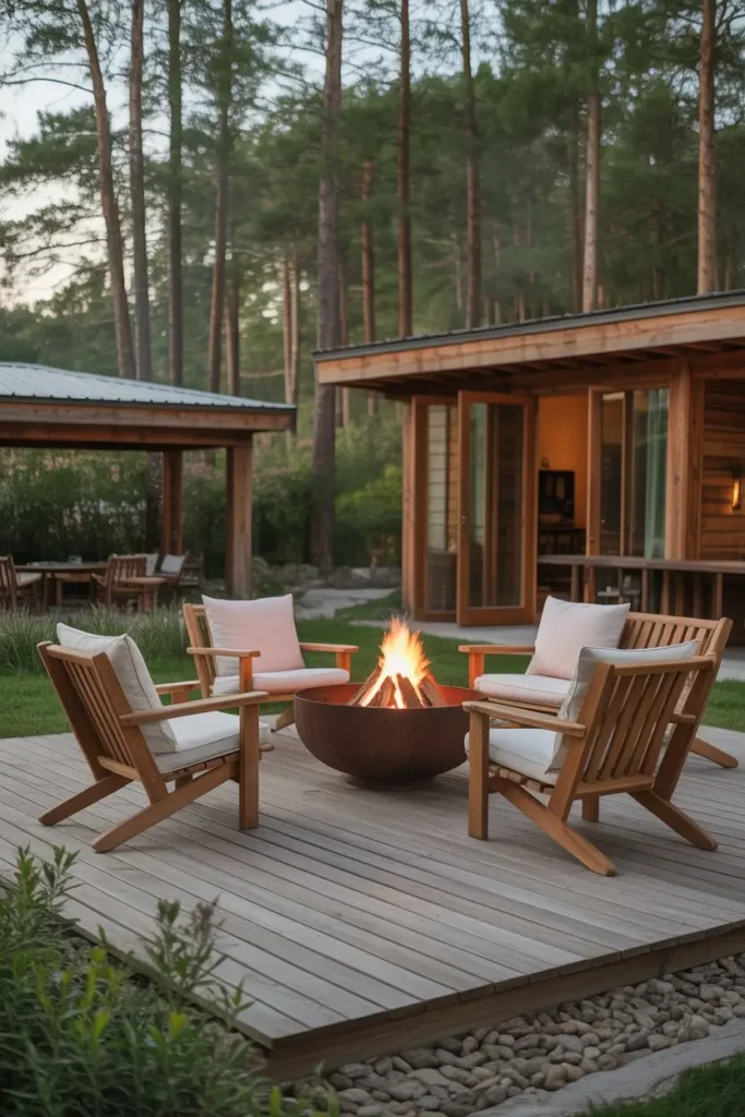 9. A Square Patio With Warm Wood Furniture for a Rustic Feel