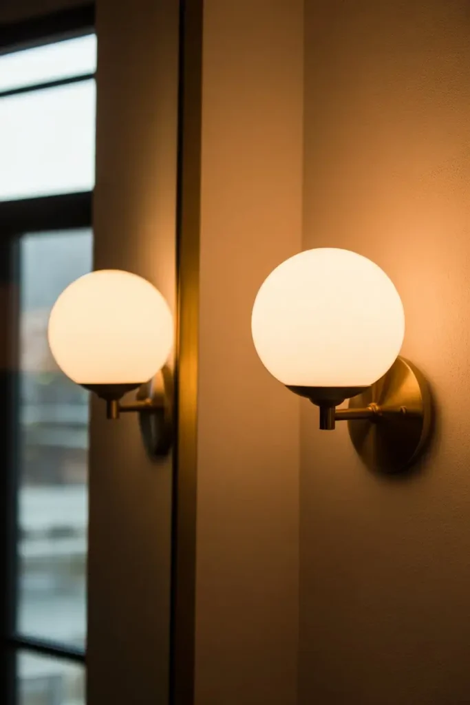 9. Globe Sconces for Soft, Balanced Light