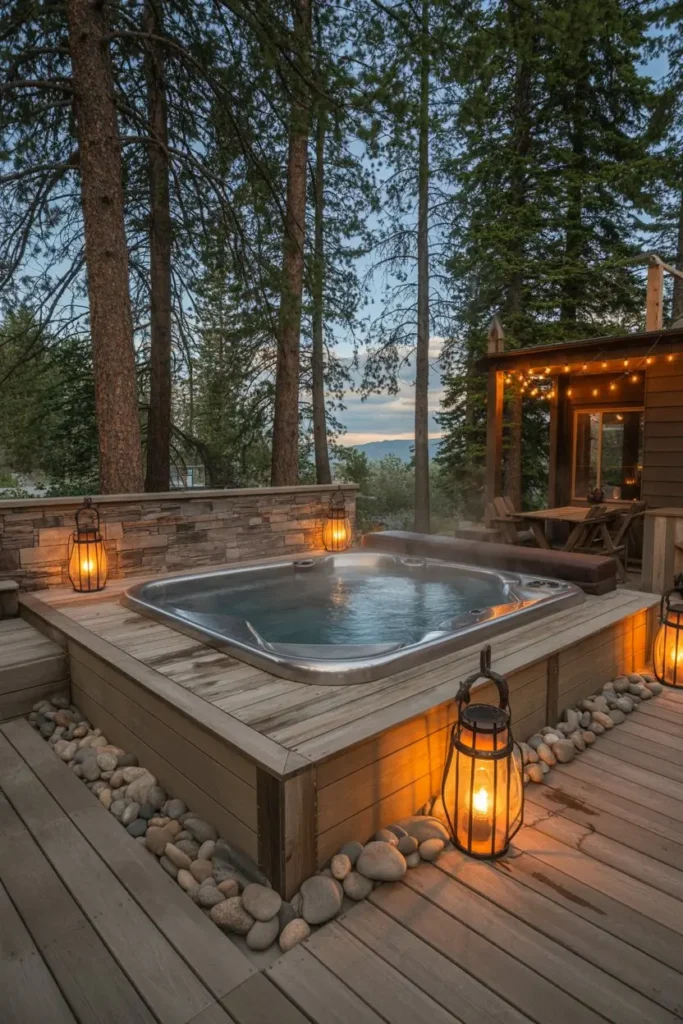 9. Rustic Cabin-Style Patio with Hot Tub