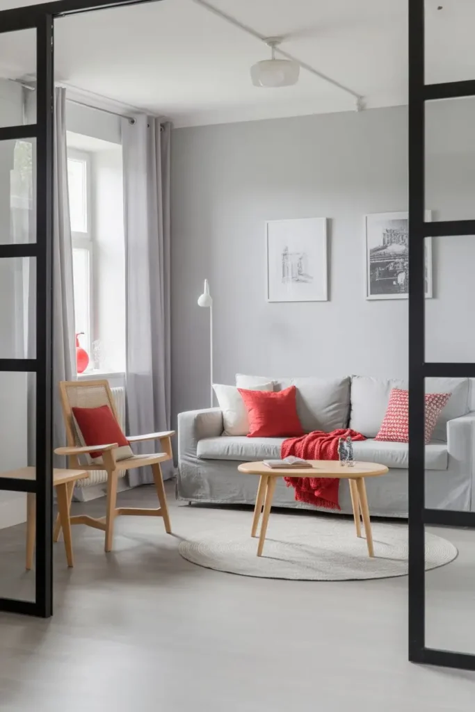 9. Scandinavian Grey with Red and Black Accents