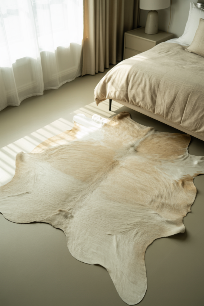 9. Small Bedroom Illusion with Light Cowhide Rugs