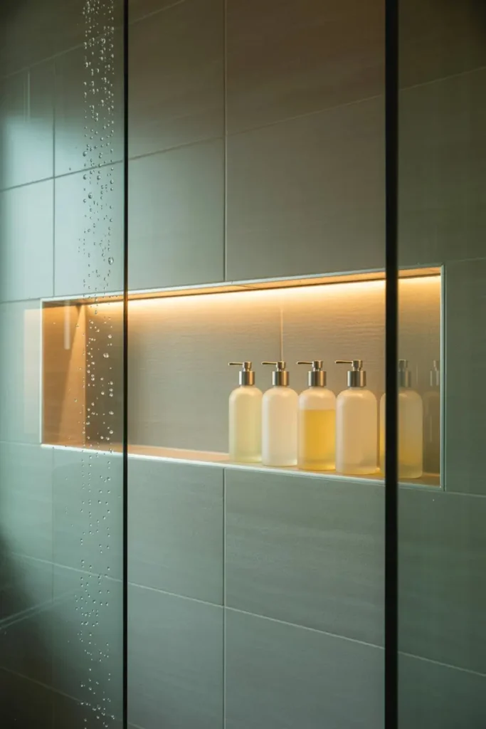 2. Modern Recessed Shower Niche with Hidden Beauty