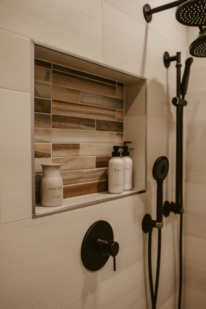 15. Wooden-Look Tile Niche for Warmth