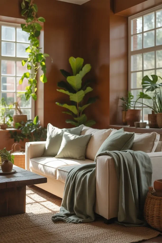 1 Cozy Earth Tone Balance With Brown Walls and Soft Green Accents