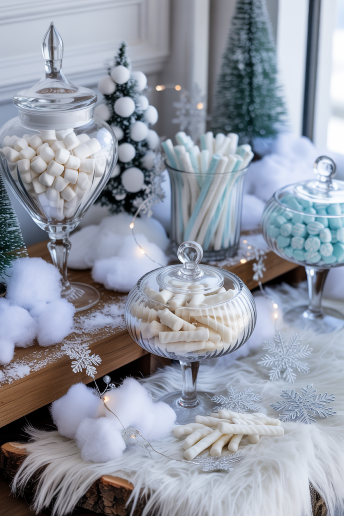 1. Classic Snowy Elegance Candy Table Ideas