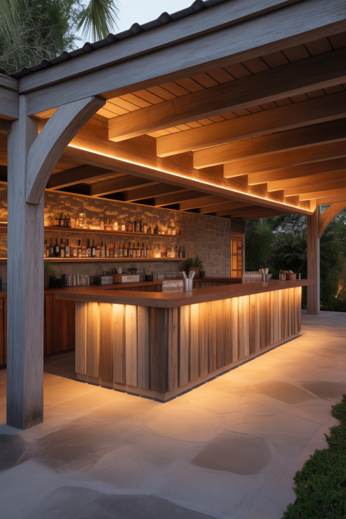 1. Classic Wood Beam Bar for a Warm Natural Feel