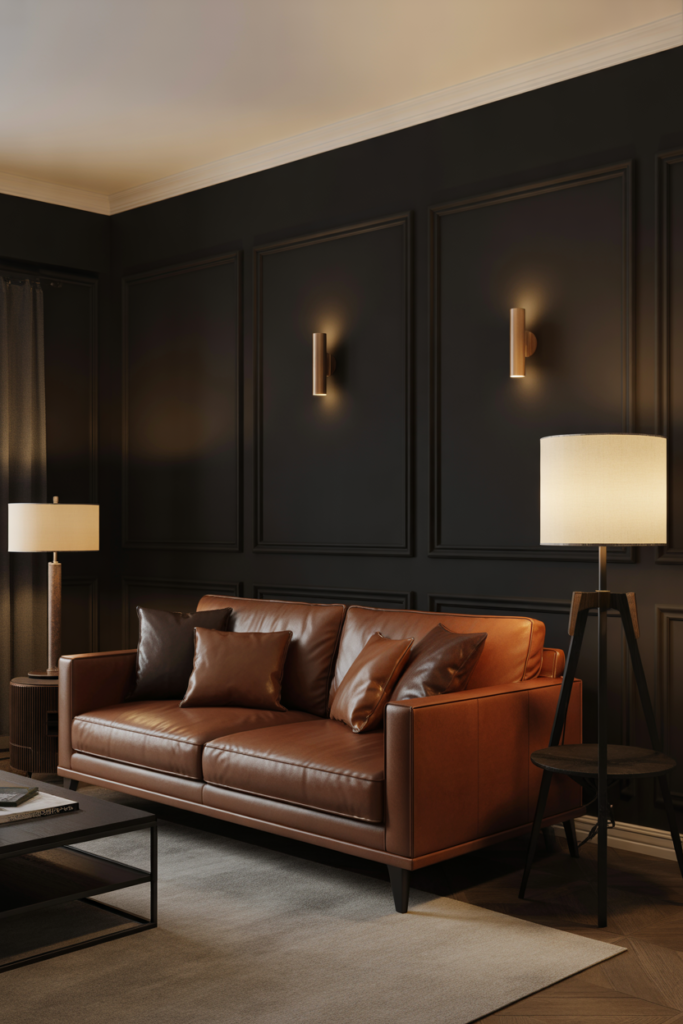1. Deep Black Walls with Warm Brown Furniture