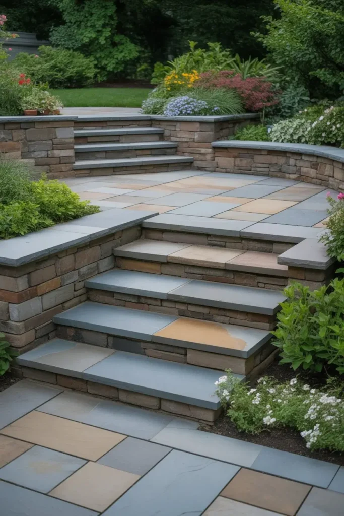 1. Multi-Level Stone Patio with Garden Borders