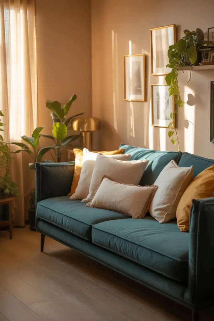 1. Soft Beige Walls With Deep Teal Seating