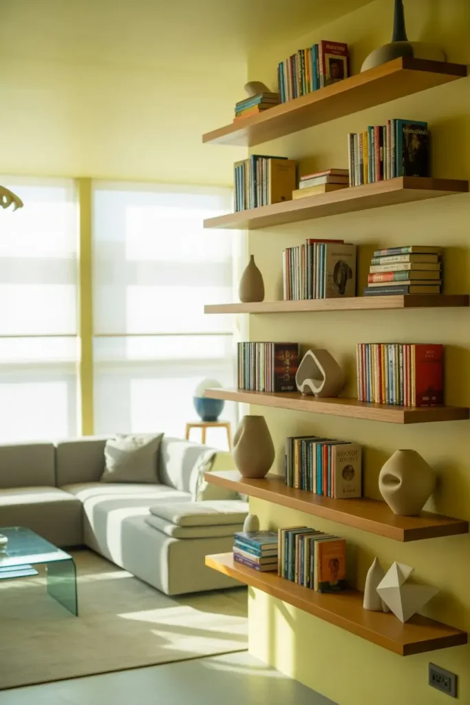 1. Wall Mounted Floating Bookshelves for Airy Living Rooms