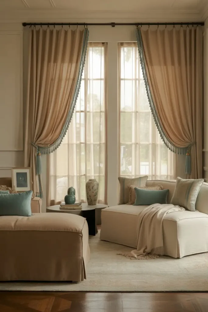 10. Beige Curtains With Teal Trim Details