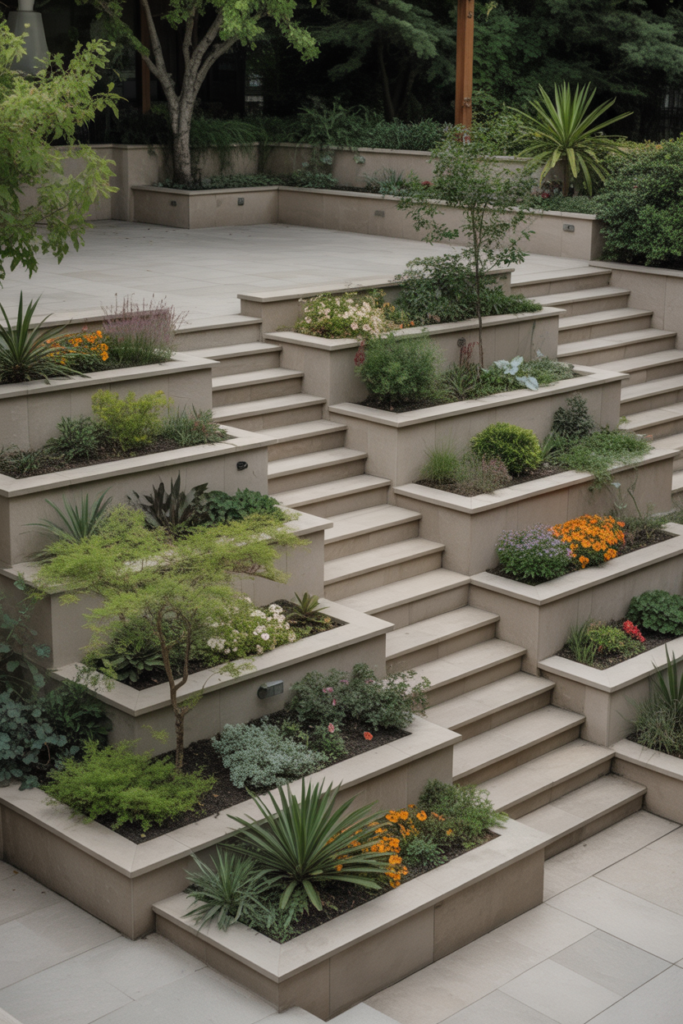 10. Patio Tiers with Built-In Planters