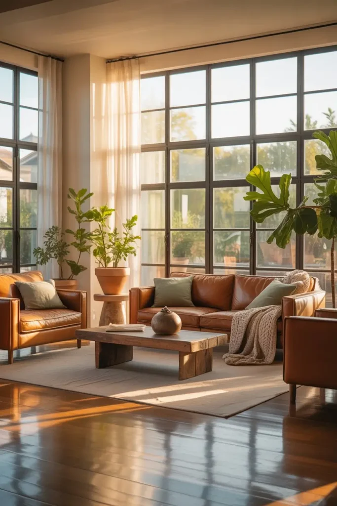 11 Cozy Brown and Green Living Room With Natural Light Focus