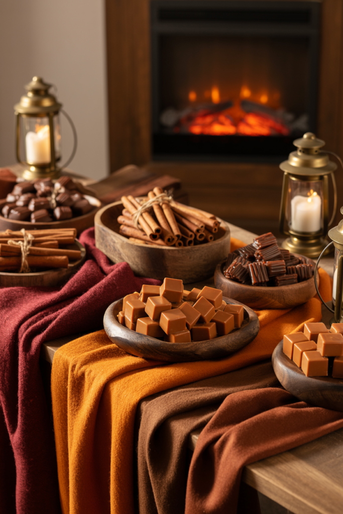 11. Cozy Fireplace Candy Table Ideas