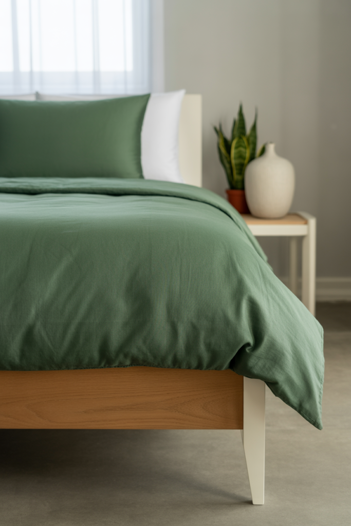 11. Minimalist Forest Green Bedding with Clean Lines