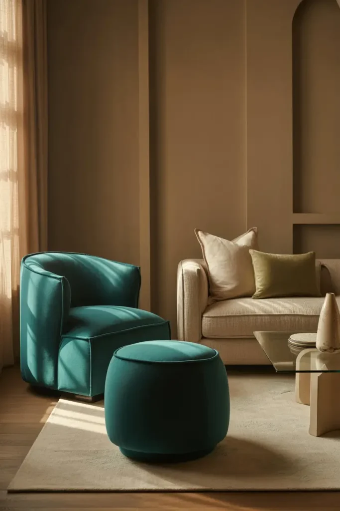 11. Teal Velvet Accents With Beige Linen