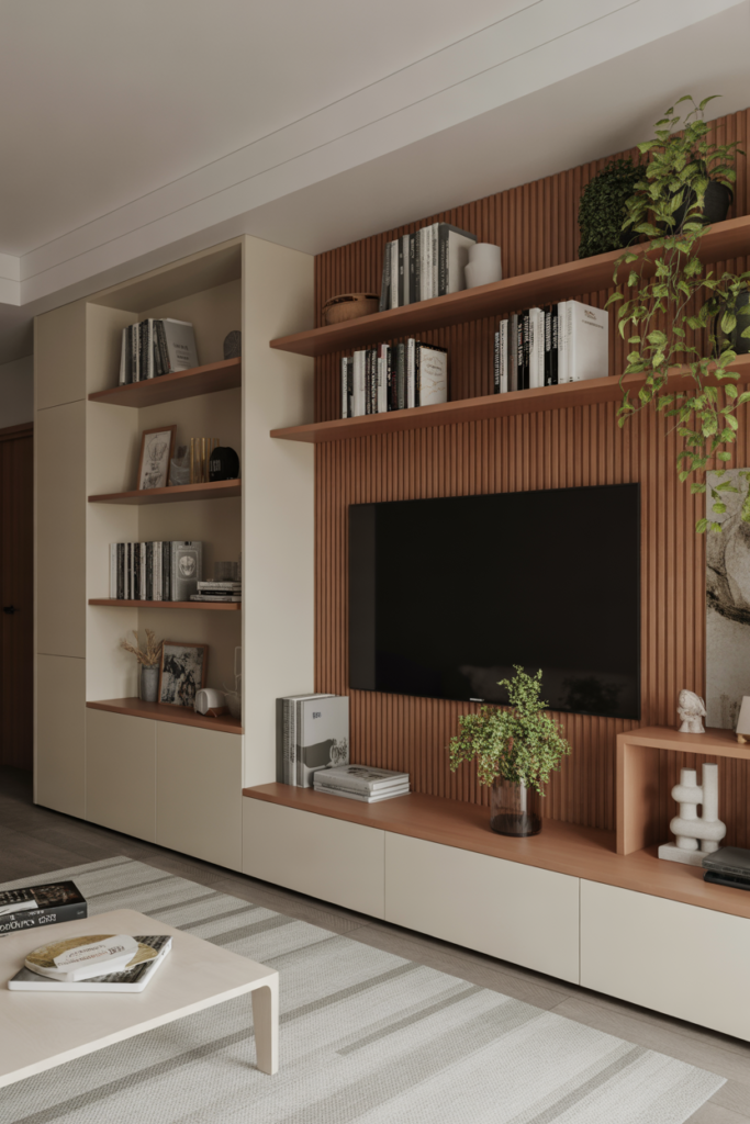 11. Wood Wall with Built-In Shelving