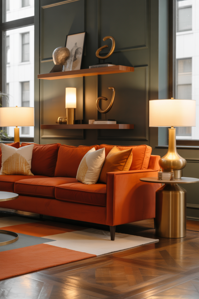 12 Stylish Orange Couch Living Room With Warm Metallic Accents