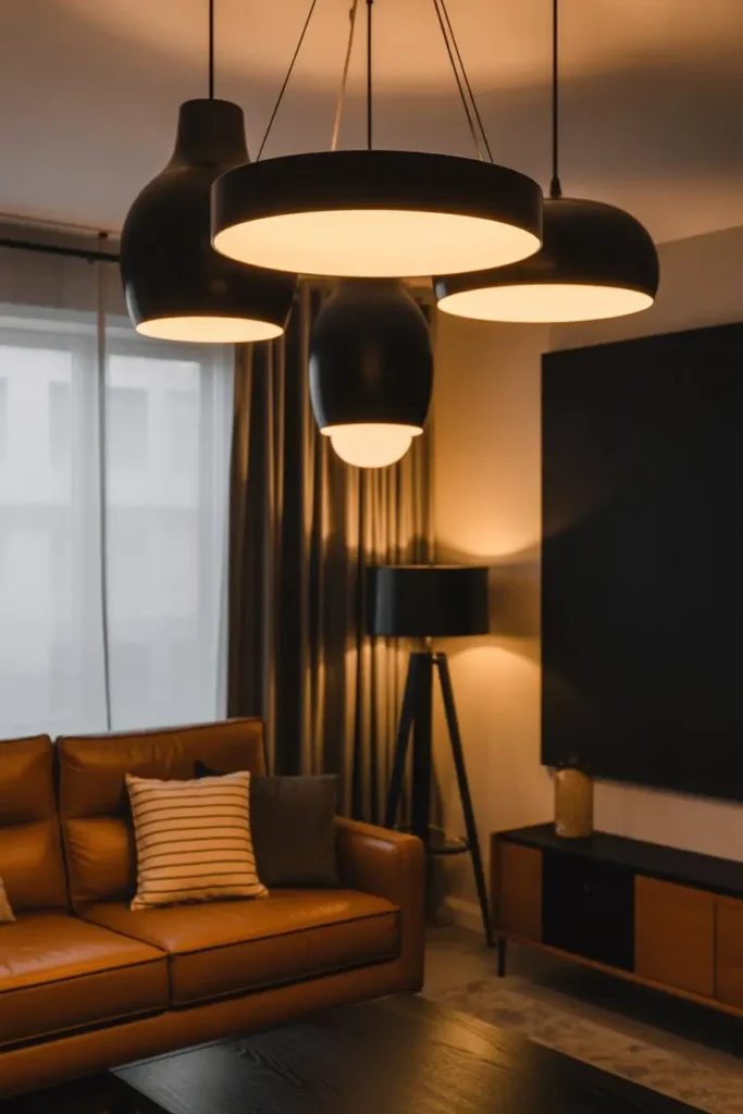 12. Black Lighting Fixtures with Brown Furniture