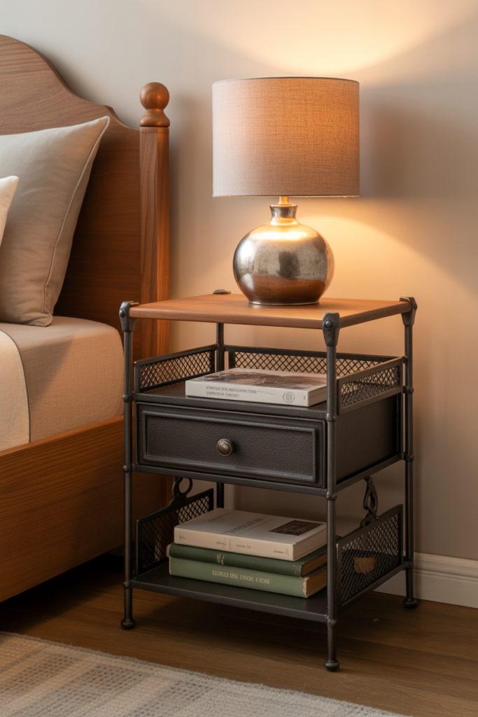 12. Cast Iron Bedside Tables with Storage Compartments