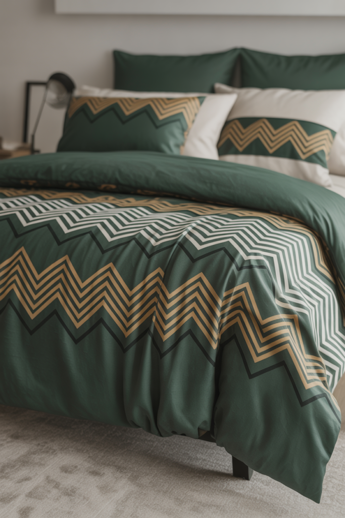 12. Forest Green Bedding with Geometric Prints