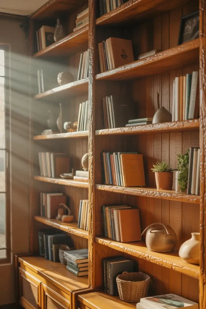 12. Rustic Wood Bookshelves for Warm Apartments