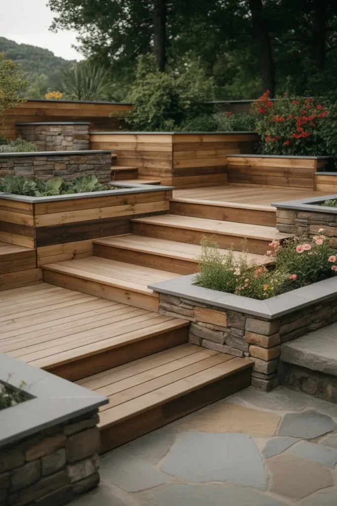12. Rustic Wooden Tiers with Stone Accents