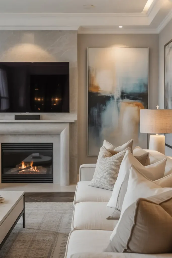 12. TV Over Fireplace With Artwork Balance