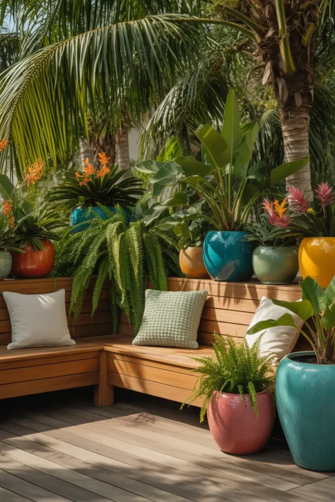 12. Tropical-Inspired Deck with Colorful Planters