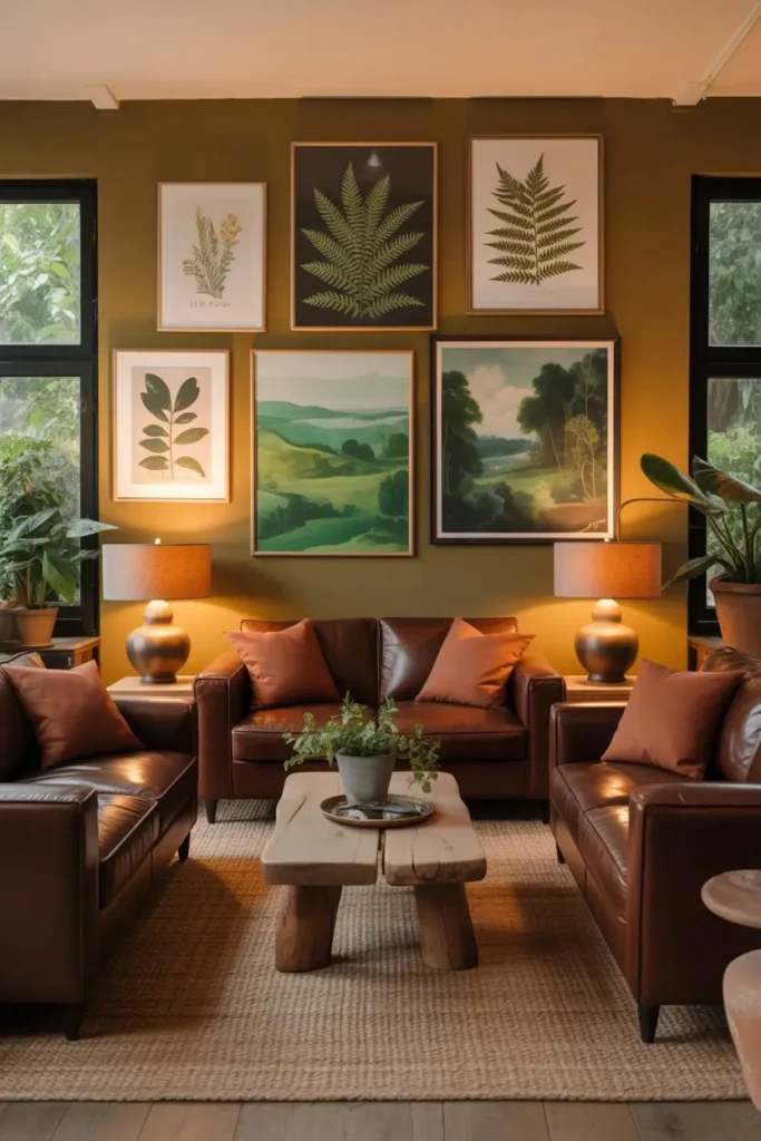 13 Brown and Green Living Room With Nature Inspired Art