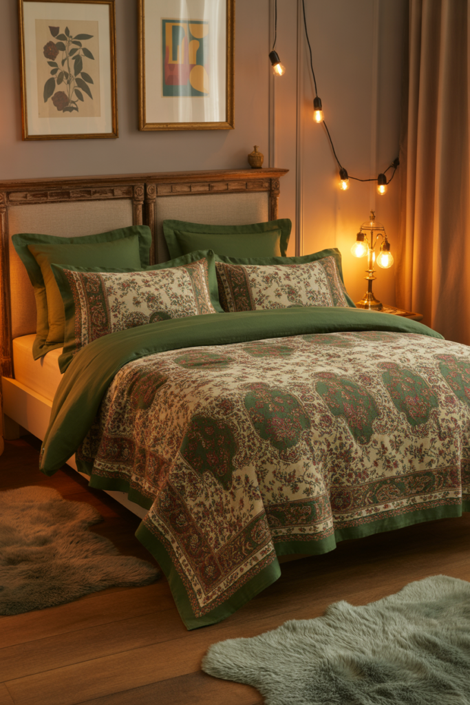 13. Vintage-Inspired Forest Green Bedding