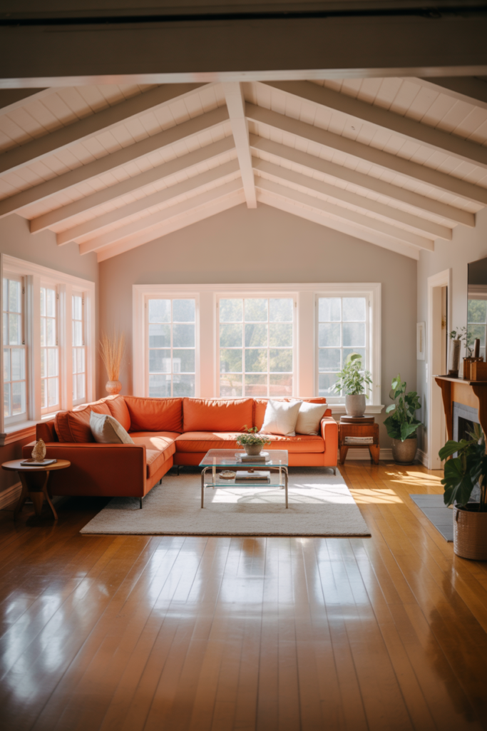 14 Stylish Orange Couch Living Room With White Ceiling Contrast