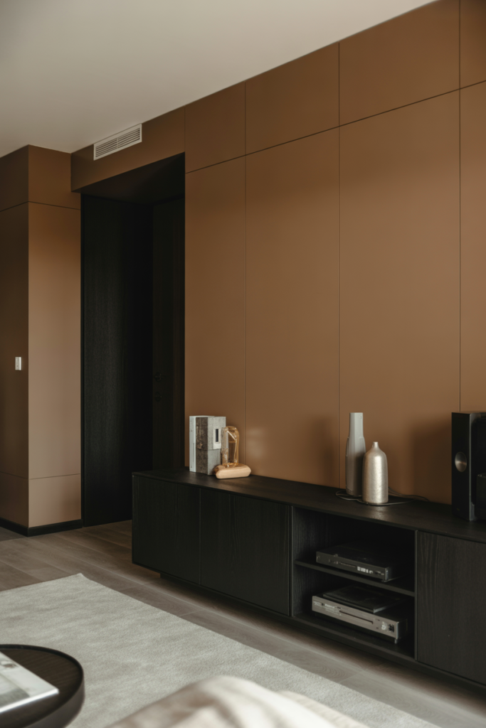 14. Black Cabinets or Entertainment Units with Brown Walls