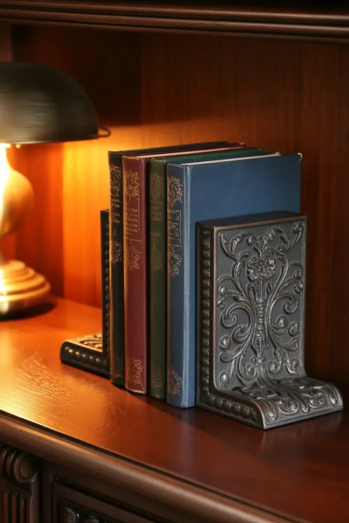14. Cast Iron Bookends for Organized Shelving