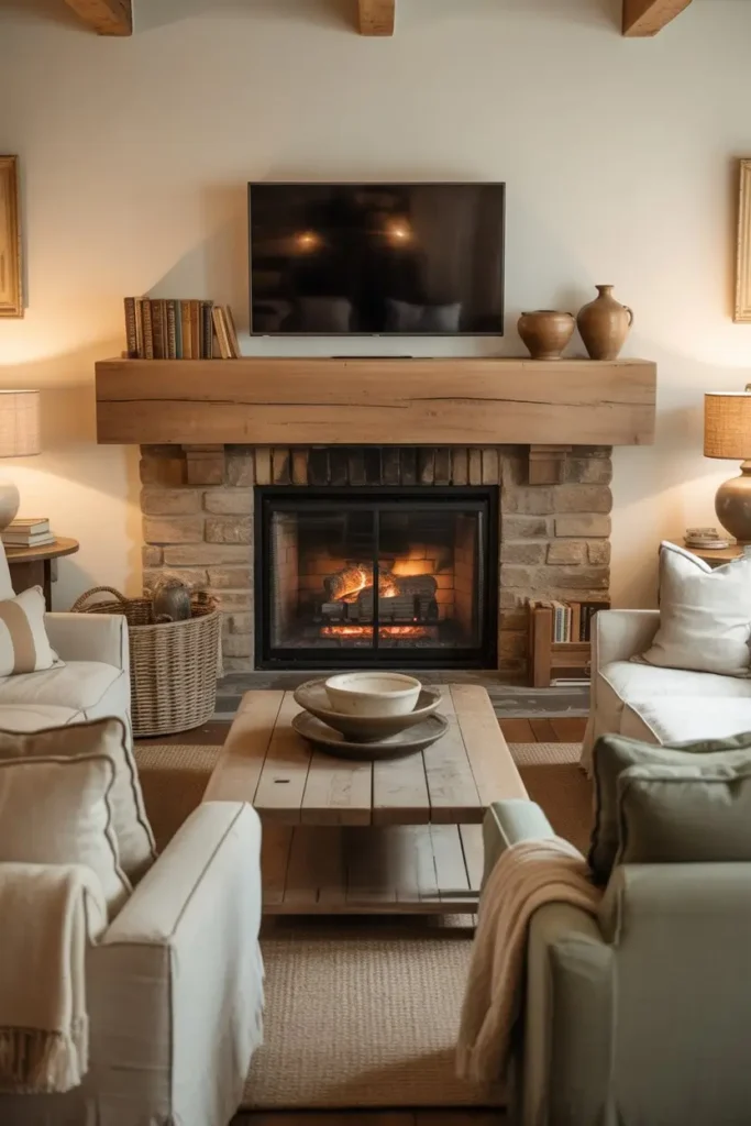 14. Farmhouse Fireplace With Simple TV Mount