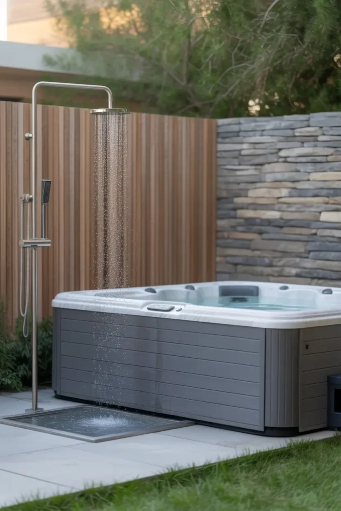14. Hot Tub with Outdoor Shower for Easy Use