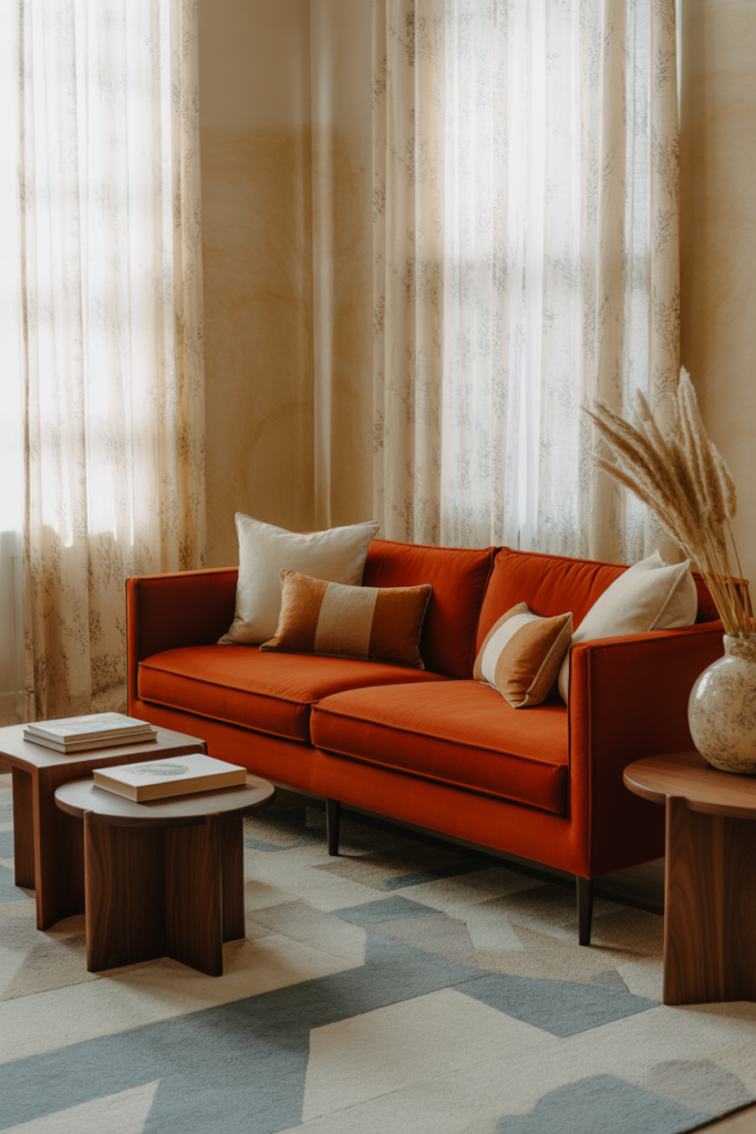 15 Stylish Orange Couch Living Room With Subtle Pattern Play