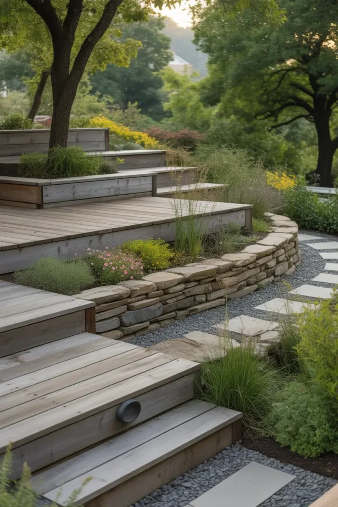 16. Eco-Friendly Tiered Patio