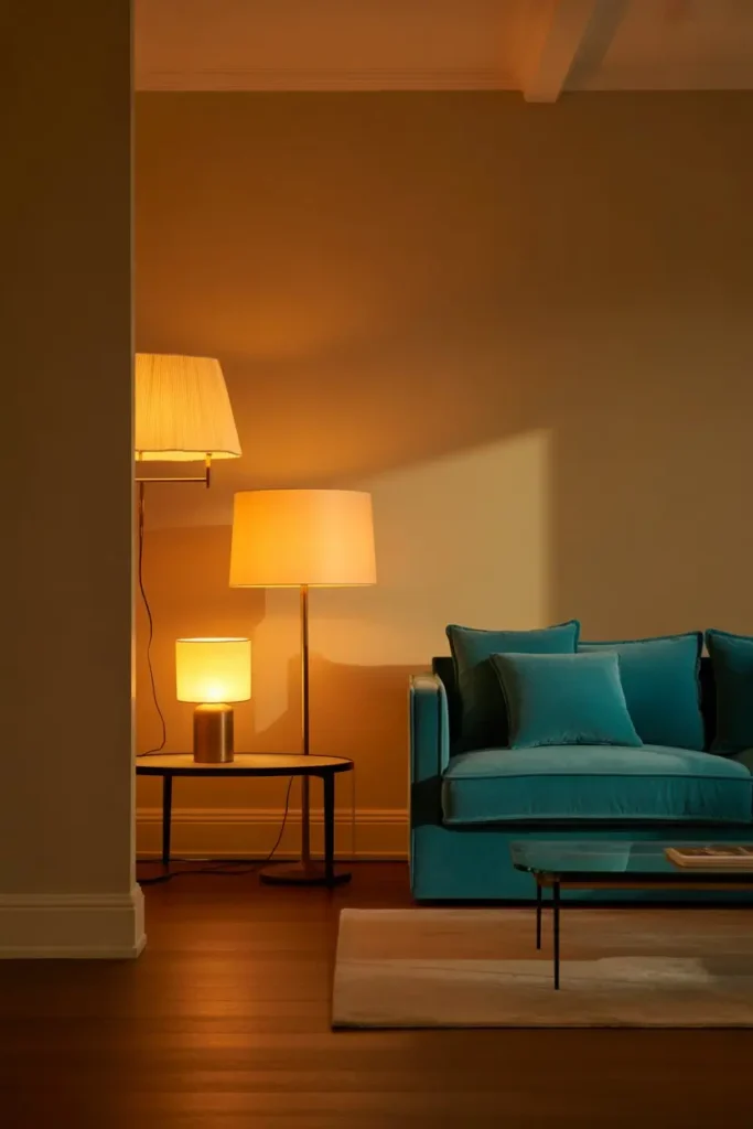16. Soft Lighting Enhancing Teal and Beige Harmony