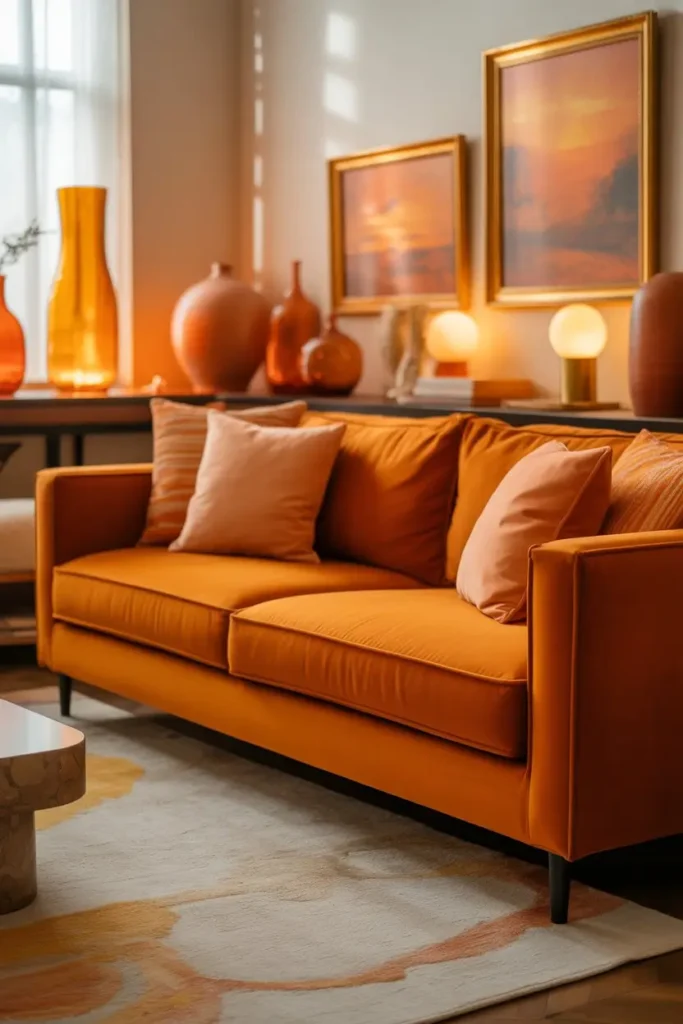 17 Stylish Orange Couch Living Room With Calm Monochrome Support